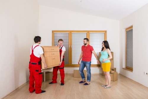 Office furniture and equipment prepared for a business move