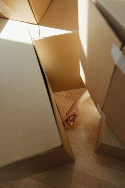 A close-up view from inside a room showing several large cardboard boxes being used for home relocation, with one box partially open revealing a person's hand reaching inside to retrieve or place an item. The boxes are positioned on a light wooden floor and are arranged to facilitate packing and moving activities. The scene captures the process of packing, with visible packing tape and the careful handling of items. The lighting is natural, coming from an unseen window, highlighting the contents and the surfaces of the boxes, and indicating an organized loading process involved in furniture transport and removal services. This image represents the packaging and handling phase often supported by Man with Van Selhurst during professional moving or house removals.