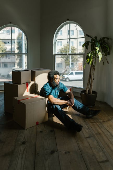 A man with curly hair and a beard, wearing a blue shirt and dark trousers, sits on the floor of a room with wooden flooring, leaning against a stack of cardboard boxes secured with red packaging tape. The room features high ceilings and large, arched windows allowing natural light to illuminate the space. Outside the windows, a street with parked cars and modern buildings is visible. Inside, a tall potted plant with broad green leaves is positioned near the window, adding a touch of greenery to the otherwise minimalistic interior. This scene captures a moment during home relocation or packing, with the boxes ready for transportation by a professional removal service such as Man with Van Selhurst, who specialises in furniture transport and packing and moving logistics within the Selhurst area.