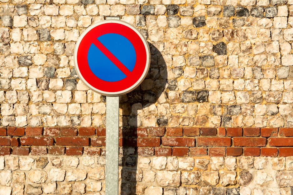 A circular no parking sign with a red border, blue background, and a red diagonal line across the center is mounted on a metal pole attached to a textured brick wall composed of light beige, white, and dark stones. Below the sign, a row of red bricks runs horizontally across the wall. The sign casts a distinct shadow on the wall to the right, indicating sunlight coming from the left side. This image captures a street scene relevant to house removals and moving services in Selhurst, where parking restrictions may be in place during home relocation or furniture transport activities. The setting illustrates an outdoor environment potentially near a property, emphasizing the importance of adhering to parking rules for efficient loading and unloading processes, as managed by Man with Van Selhurst, especially in the context of parking suspensions and loading bay regulations for smooth relocation logistics.